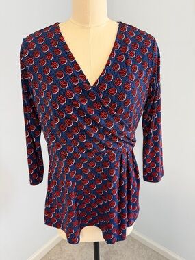 Chaus Navy and Red Printed Wrap-Front Blouse SZM